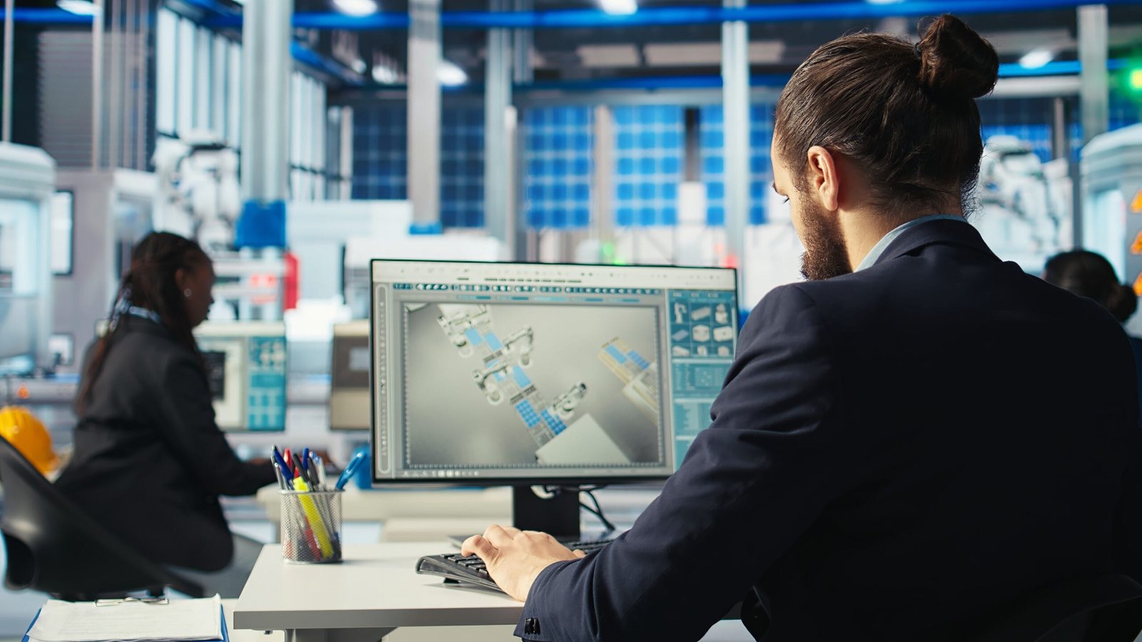 Photovoltaics factory engineer looking over paperwork documents, analyzing data. Solar panels manufacturing plant employee reading documentation files, troubleshooting technical issues, camera A