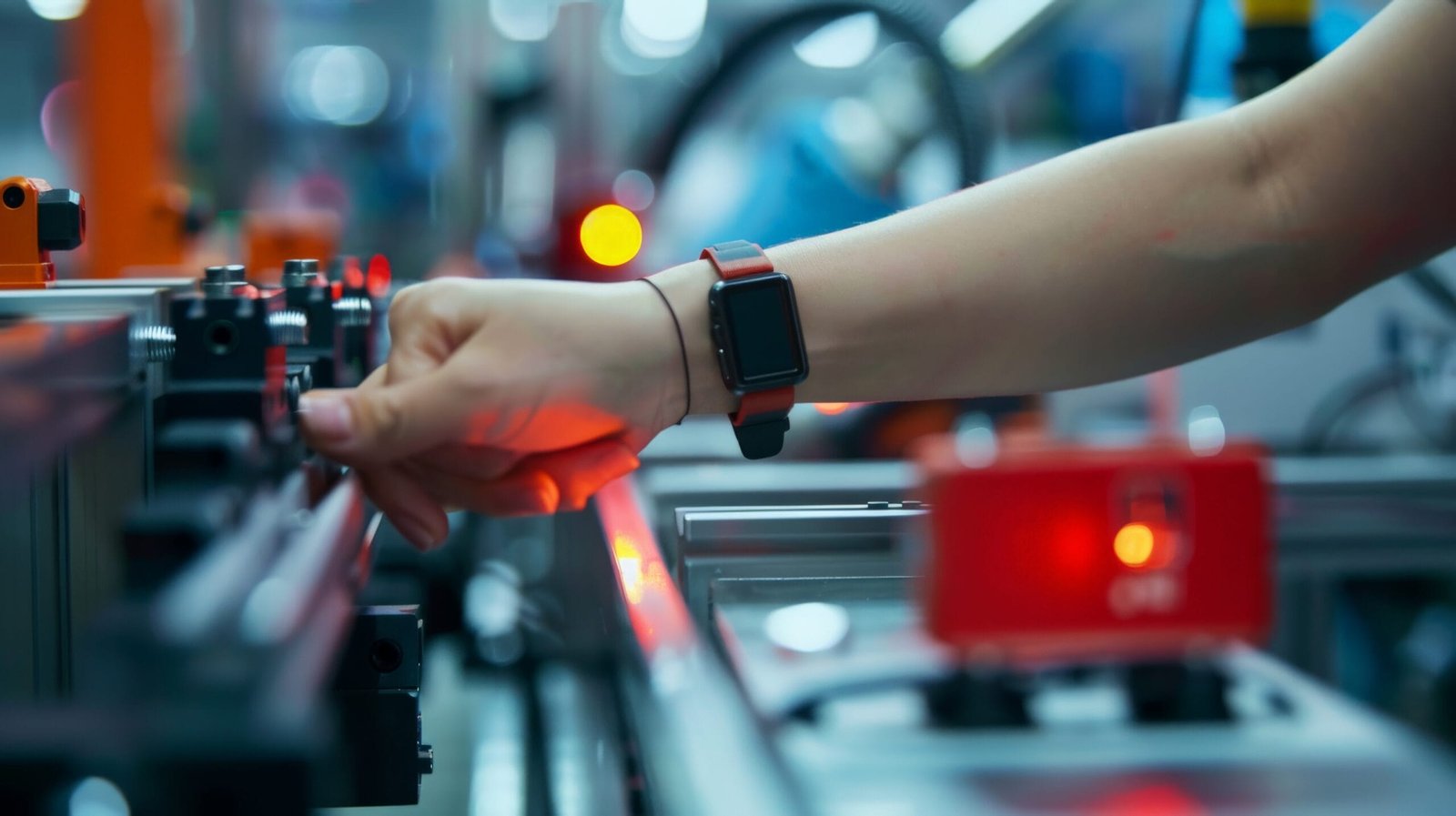 A close-up of a hand with a red smartwatch, programming a high-tech machine in a factory