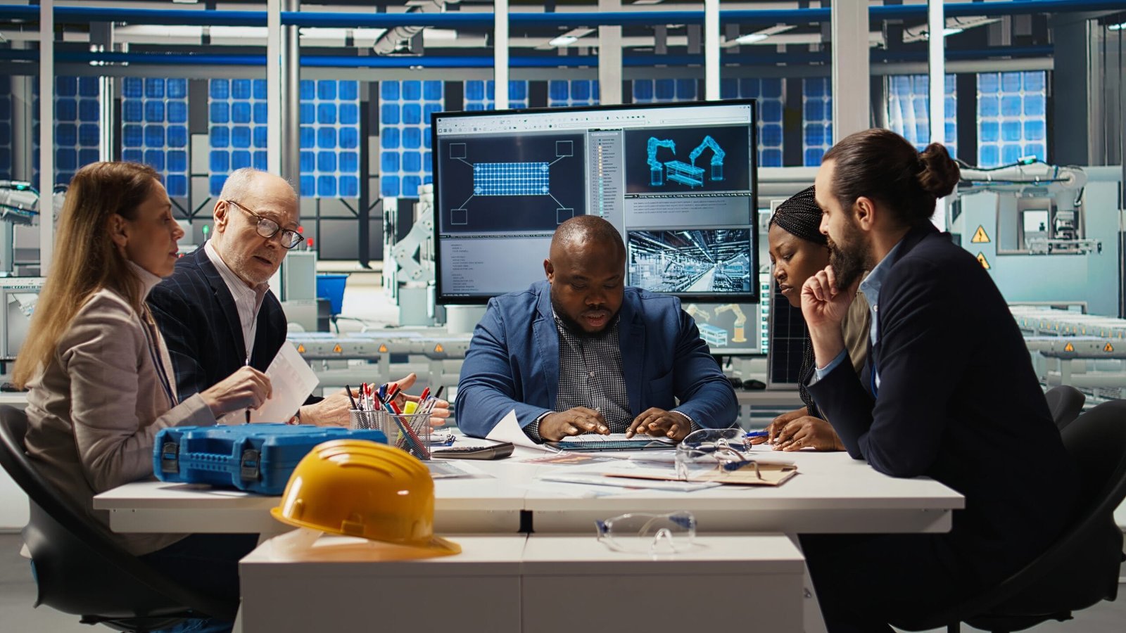 Factory engineering team look at assembly lines designs, working to increase energy output. Photovoltaics plant experts brainstorm innovative solar cell prototypes, looking over schematics, camera A