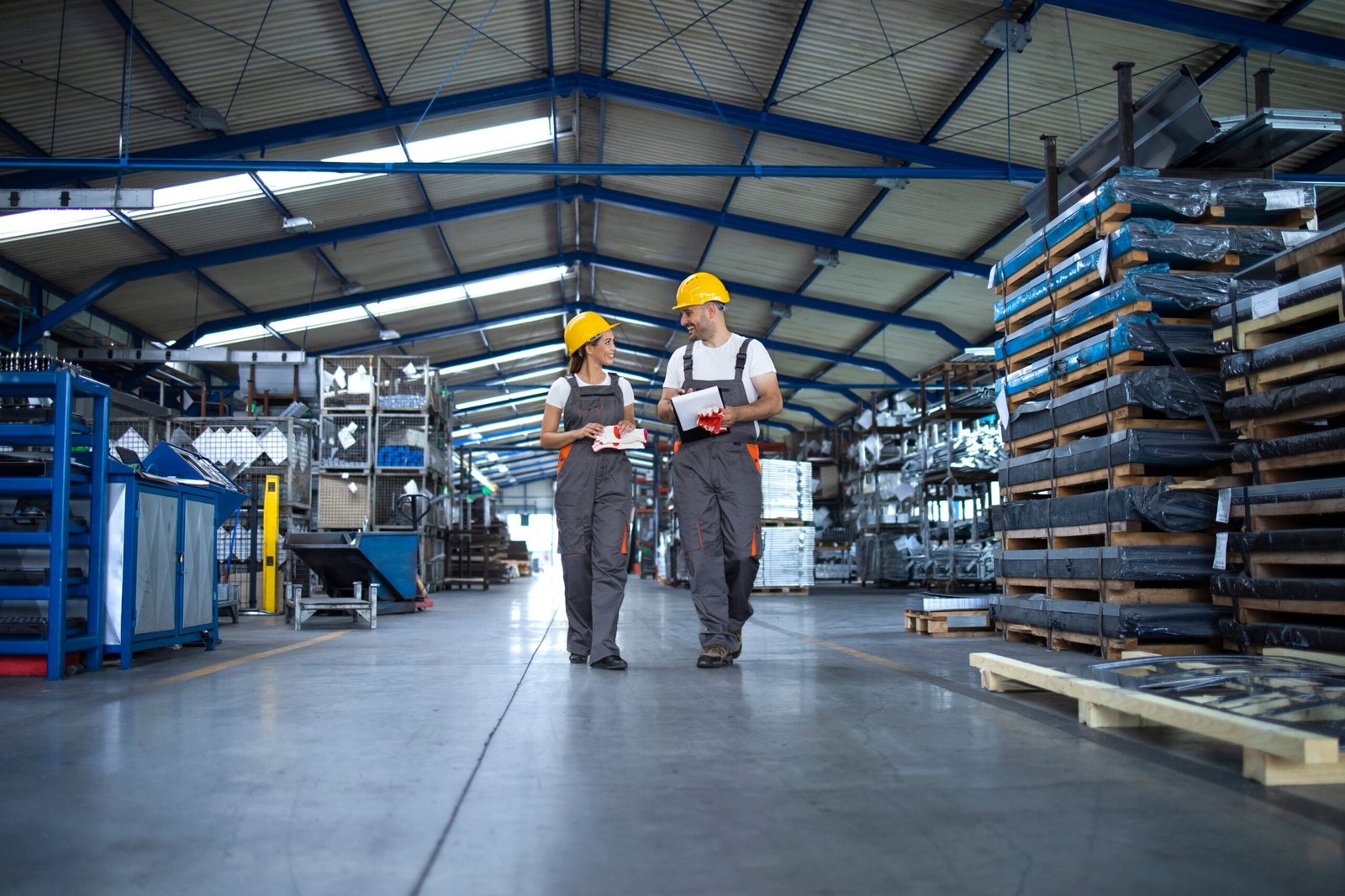 Factory workers in work wear and yellow helmets walking through industrial production hall and discussing about delivery deadline.