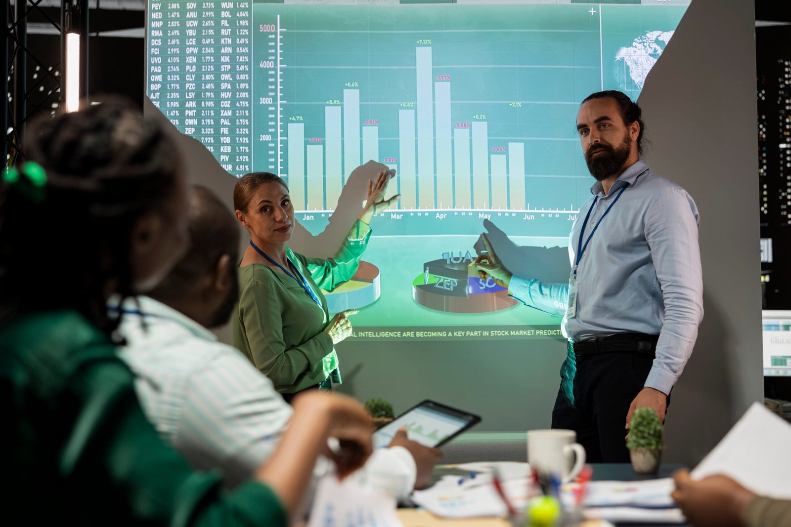 Management team sharing insight on statistics in night corporation meeting, providing initiatives to enhance operational performance metrics. Group of business associates in boardroom.