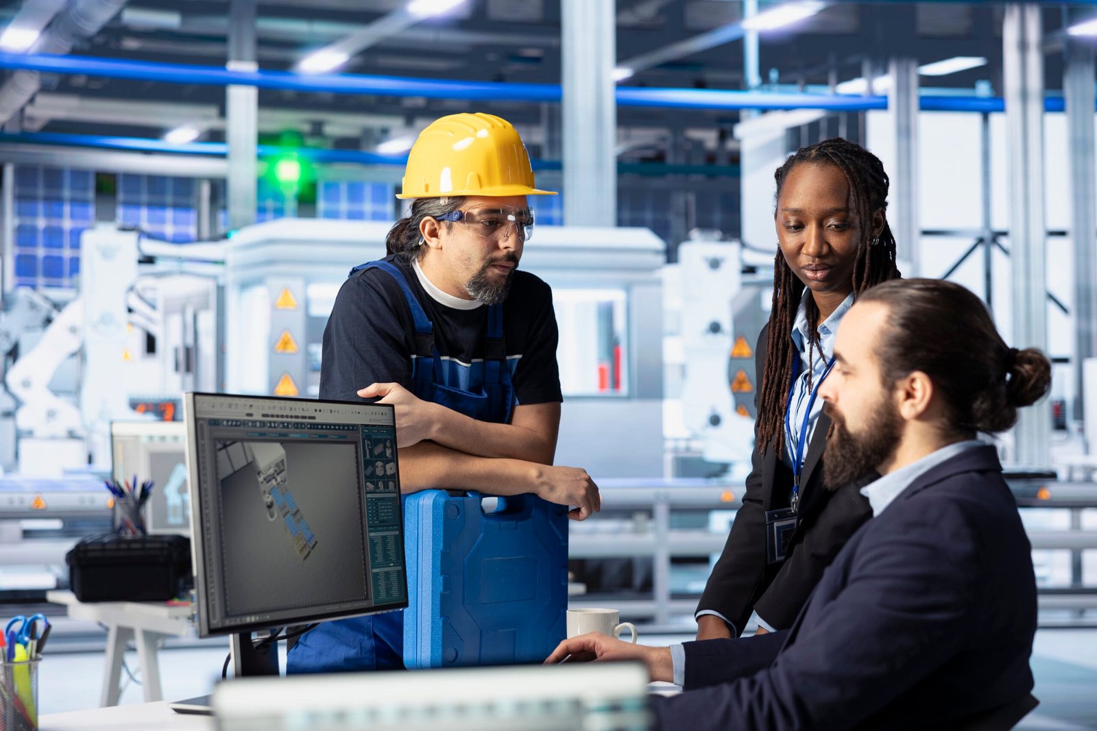 Photovoltaics facility engineering team discussing ways to improve production output after reviewing efficiency metrics. Solar panels plant colleagues working together to identify system errors