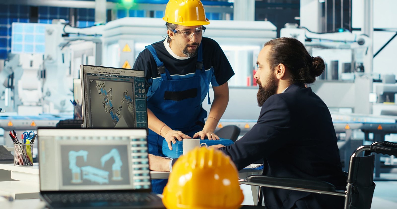 Photovoltaics factory engineer with paraplegia in wheelchair improving solar panels efficiency. Solar panels manufacturing plant worker with disability researching cheaper solar solutions, camera B