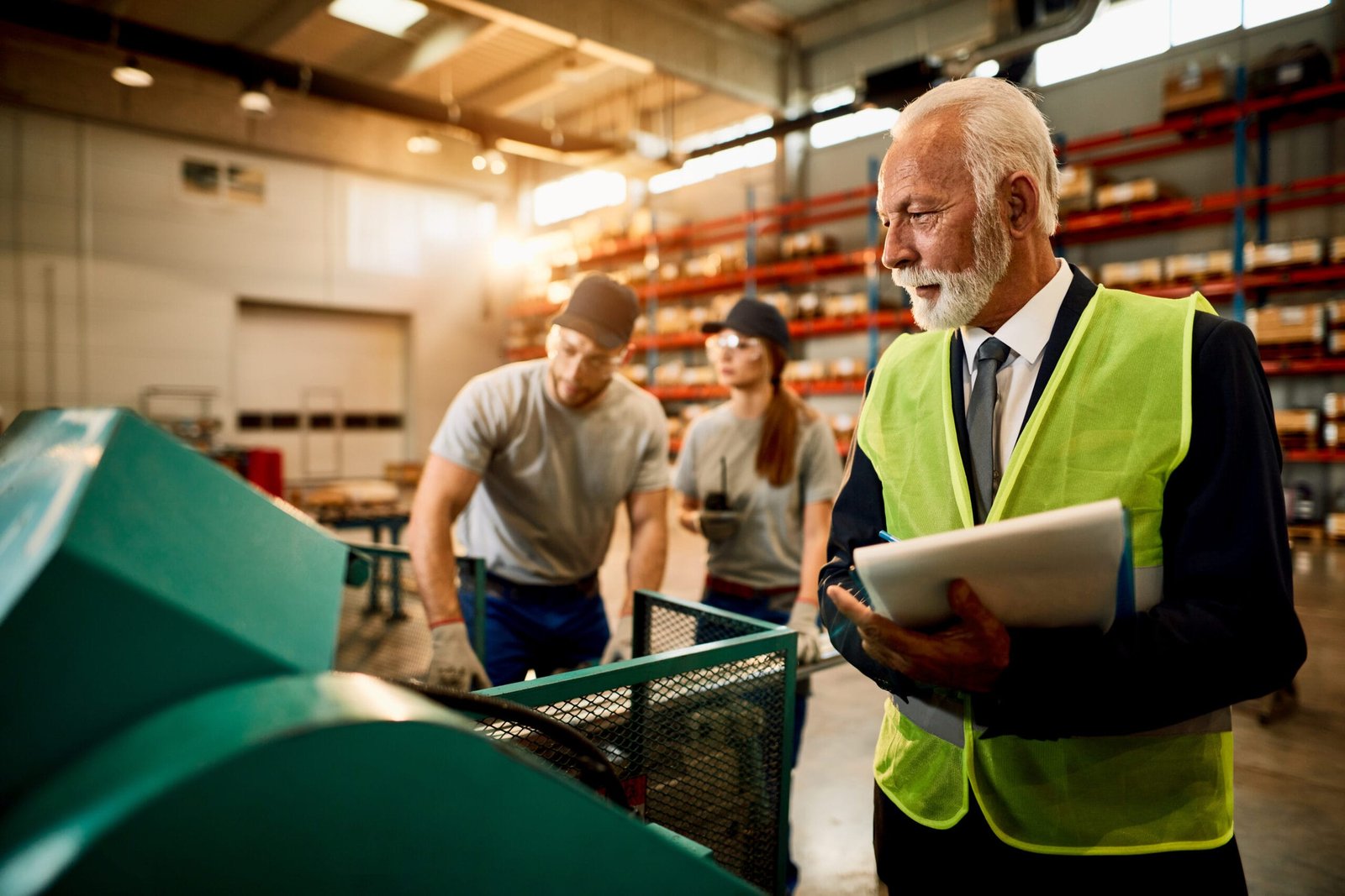 Senior businessman taking notes while inspecting workers who are working at the machine in factory warehouse.