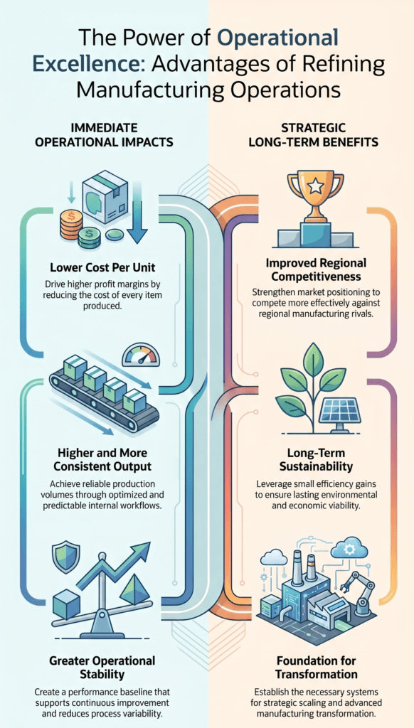 an infographic that highlights the key advantages of refining internal manufacturing operations, such as cost reduction, increased output, and long-term sustainability. 
