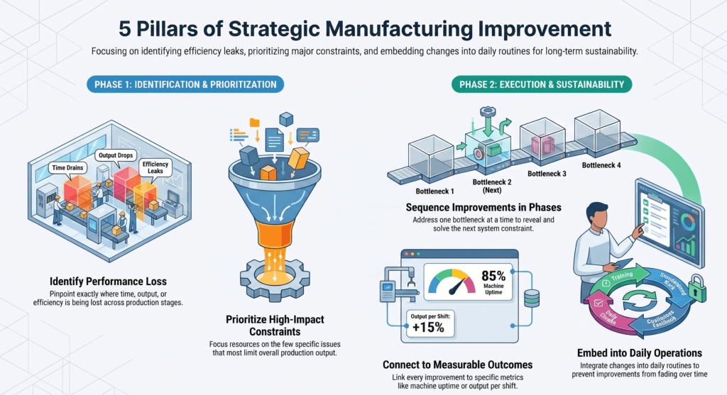 An infographic on the 5 pillars of strategic manufacturing improvement