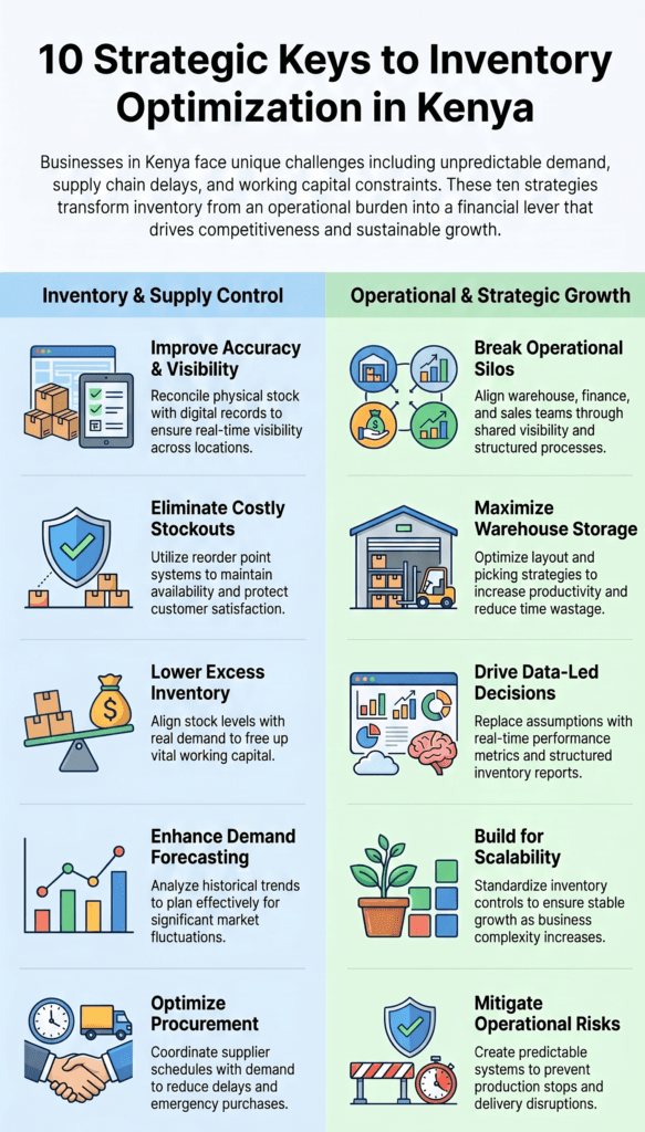 An infographic that outlines the 10 strategies for optimizing inventory management in the Kenyan market.