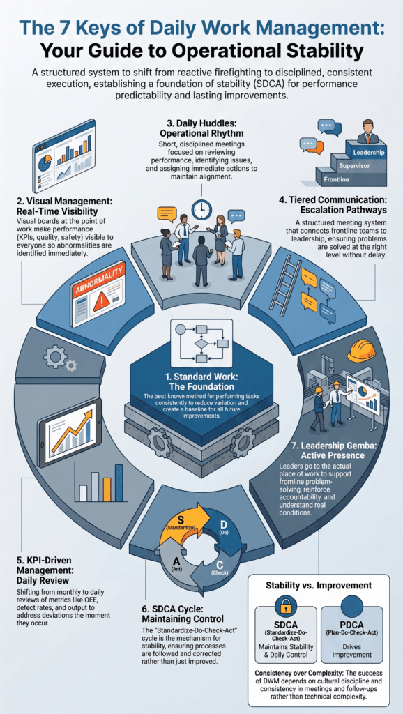 An infographic on how the 7 Keys of Daily Work Management work together