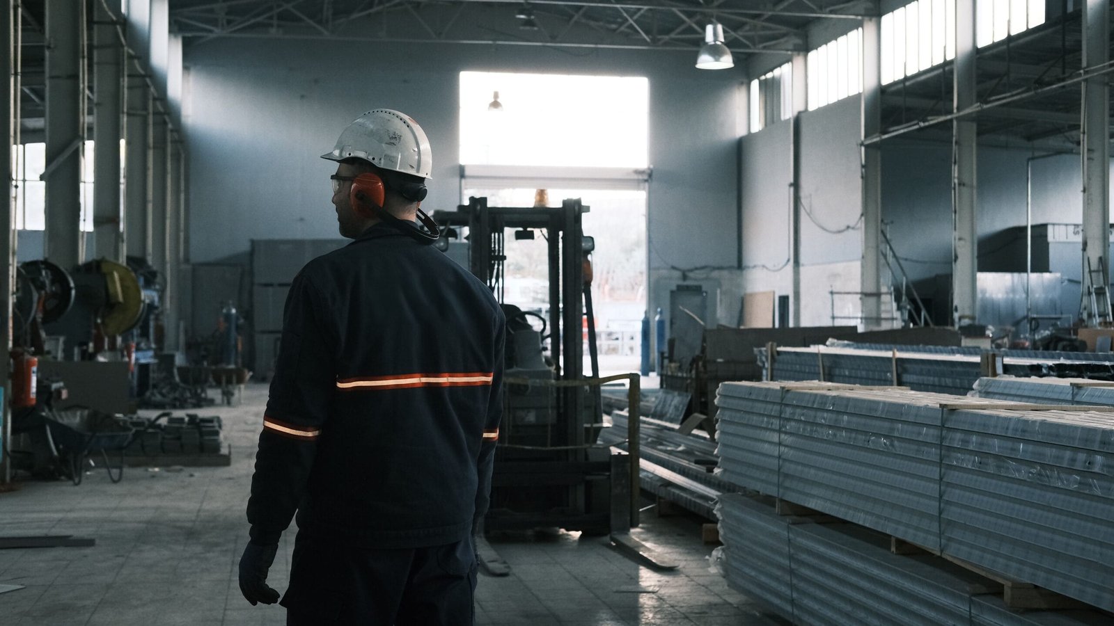 A worker in protective gear supervises operations in a modern factory.