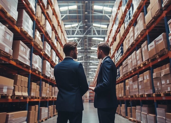 business professionals looking at warehouse shelves