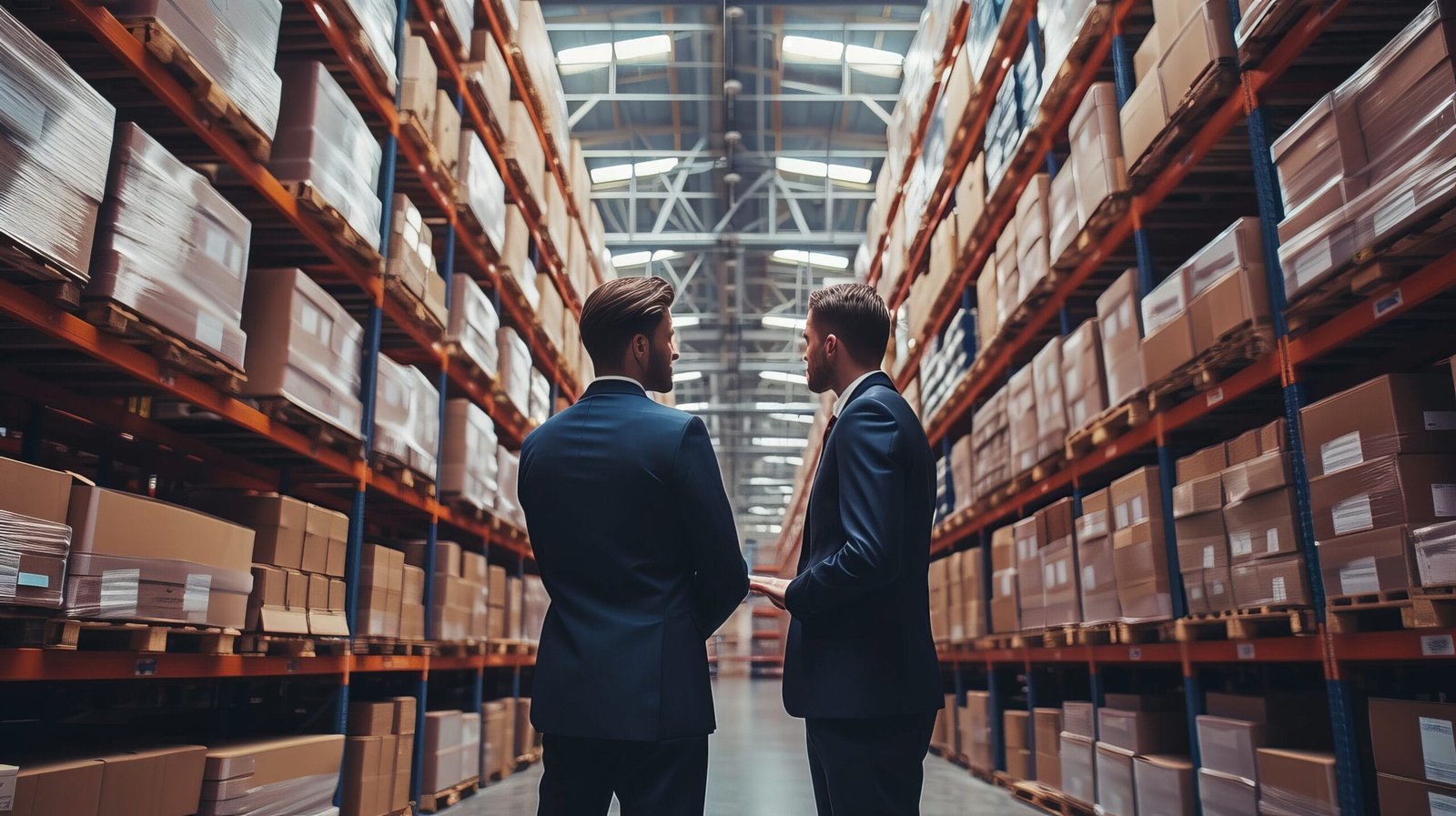 business professionals looking at warehouse shelves