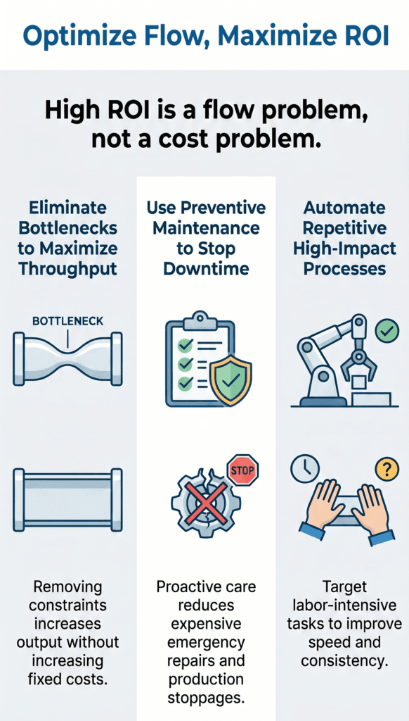 Infographic titled 'Optimize Flow, Maximize ROI' highlighting three high-ROI manufacturing strategies: Bottleneck Elimination to improve flow, Preventive Maintenance to reduce downtime, and Production Automation to enhance speed and consistency 