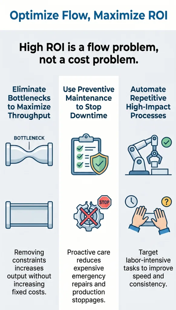 Infographic titled 'Optimize Flow, Maximize ROI' highlighting three high-ROI manufacturing strategies: Bottleneck Elimination to improve flow, Preventive Maintenance to reduce downtime, and Production Automation to enhance speed and consistency 
