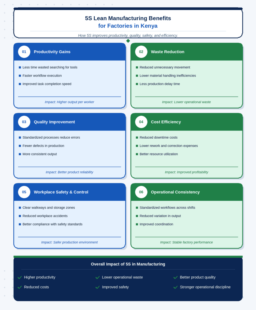 Infographic showing the key benefits of 5S lean manufacturing in Kenyan factories, including improved productivity, reduced waste, better quality, cost efficiency, workplace safety, and operational consistency.