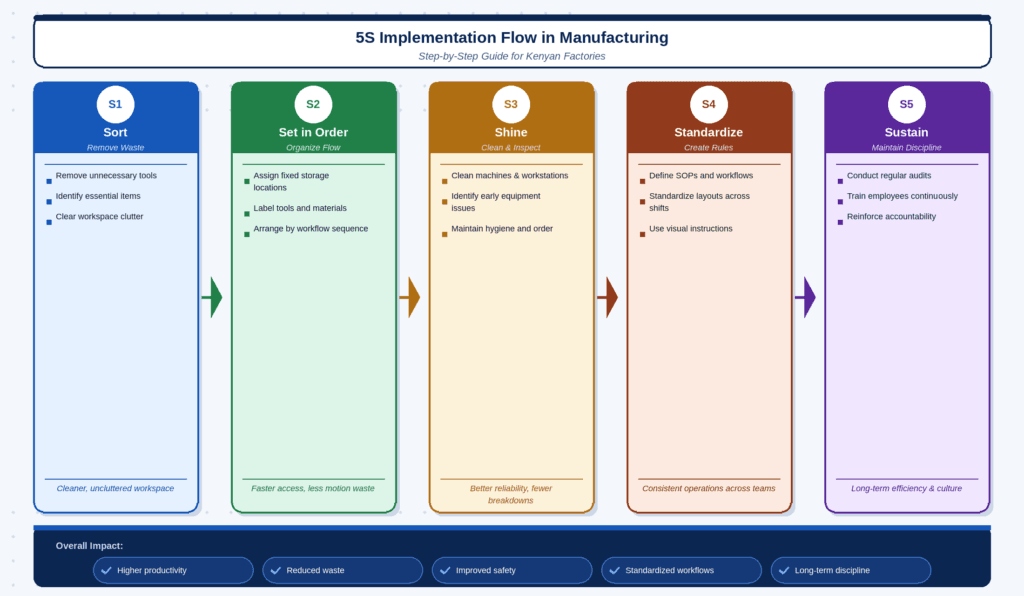 Horizontal infographic showing the 5S implementation steps in manufacturing: Sort, Set in Order, Shine, Standardize, and Sustain, explaining how Kenyan factories improve efficiency through structured workplace organization.