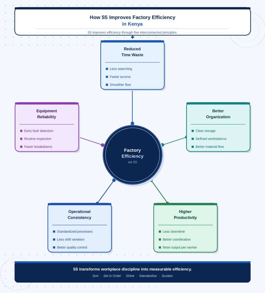 Infographic showing how 5S lean manufacturing improves factory efficiency in Kenya through reduced time waste, better organization, improved equipment reliability, higher productivity, and operational consistency.