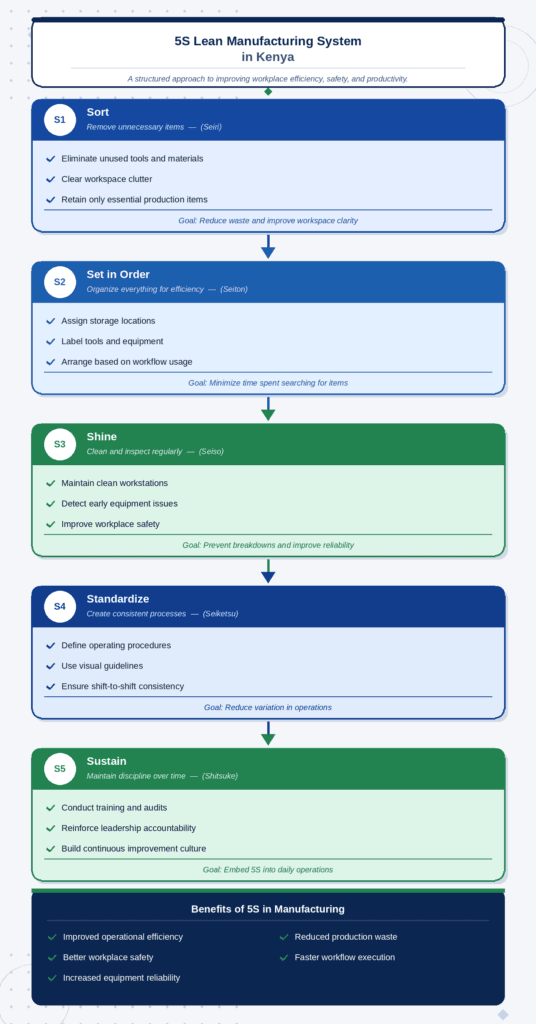 Infographic explaining the 5S lean manufacturing system in Kenya, showing the five steps—Sort, Set in Order, Shine, Standardize, and Sustain—to improve workplace efficiency and manufacturing productivity. 