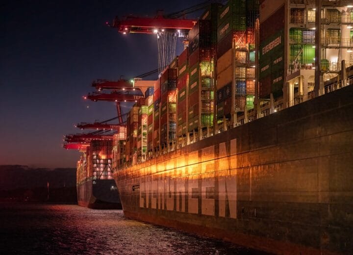 Port, Container ship, Night image.