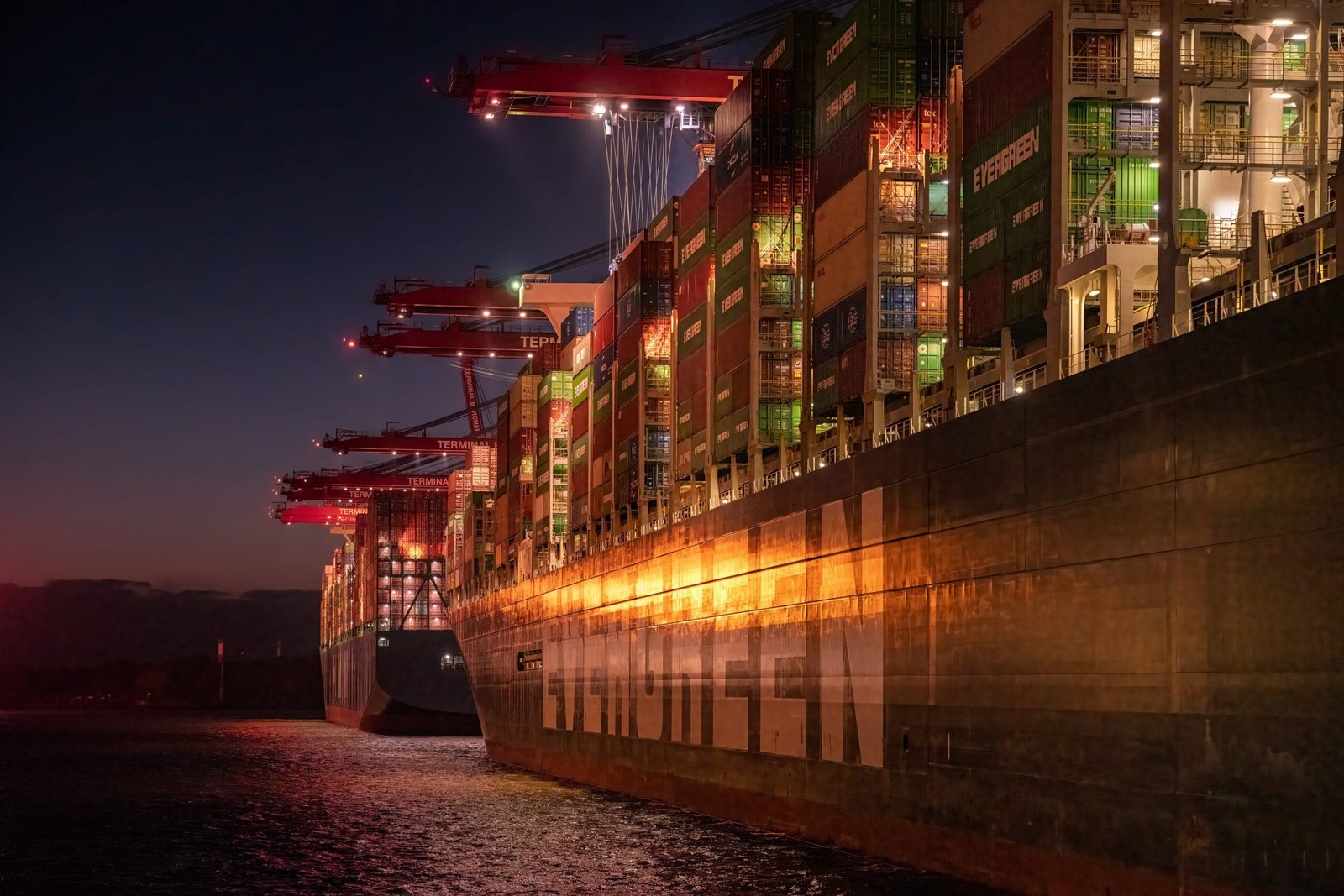 Port, Container ship, Night image.