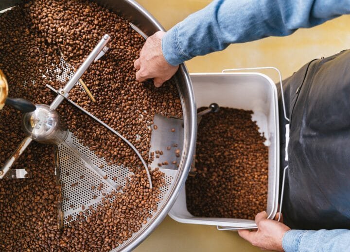 Hands delicately managing freshly roasted coffee beans in a roaster from a top view