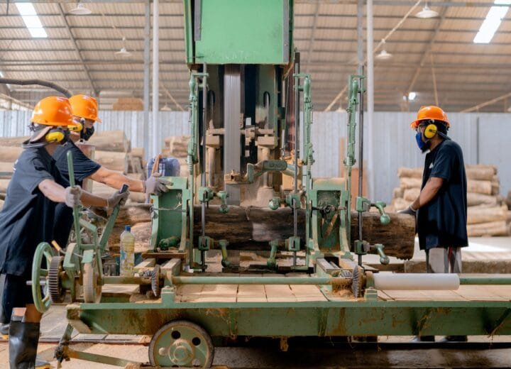 Industrial lumber processing with workers operating machinery in a factory setting