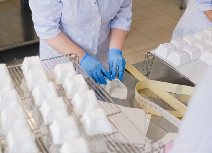 Close-up of hands in blue gloves wrapping cheese blocks in an indoor setting