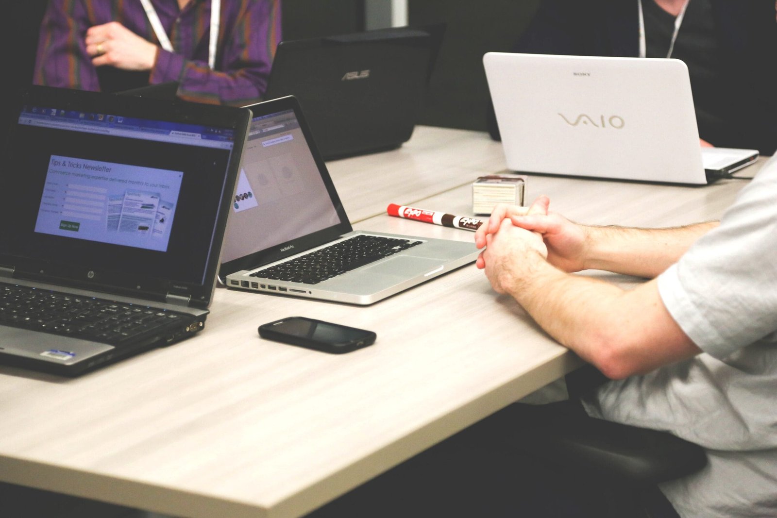 Laptops, meeting, businessmen