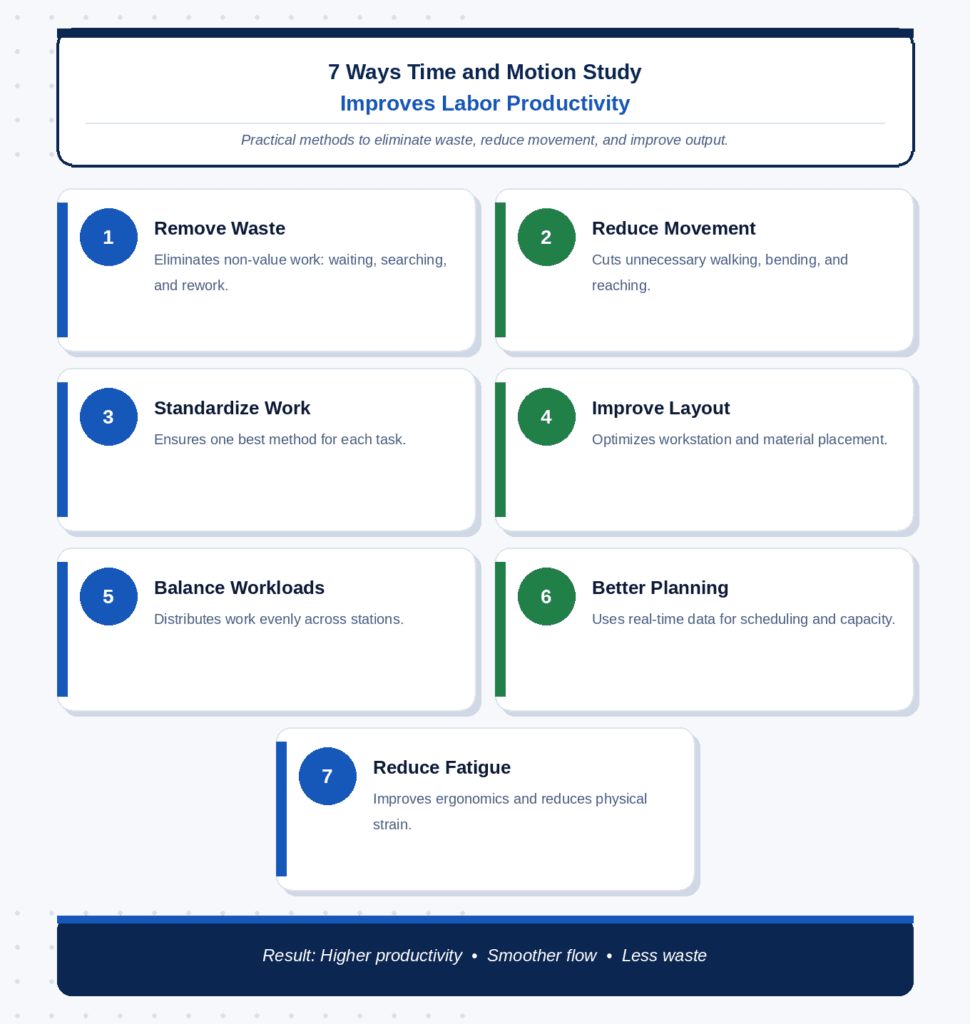 Infographic showing 7 ways Time and Motion Study improves labor productivity in manufacturing in Egypt  