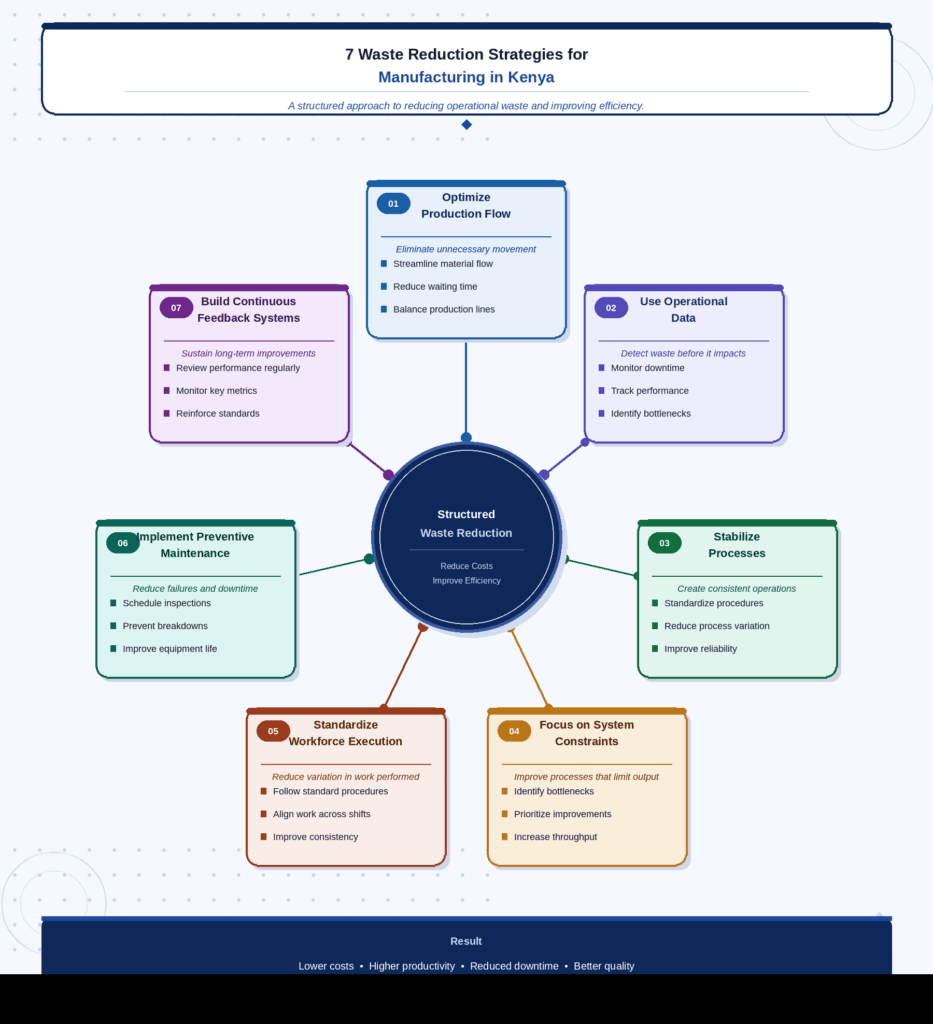 An infographic about the 7 Waste Reduction Strategies for Manufacturing in Kenya 


